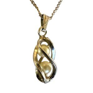 Vintage Chain 12k GF Necklace w Twisted Cage Pendant and Faux Pearl Stamped